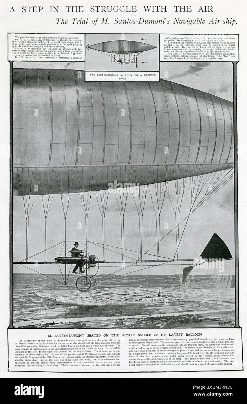 Alberto Santos-Dumont (1873 - 1932), Brazilian aviation pioneer, one of the very few people to have contributed significantly to the development of both lighter-than-air and heavier-than-air aircraft. Photograph showing Santos-Dumont seated on the bicycle saddle of his latest balloon.     Date: September 1900 Stock Photo