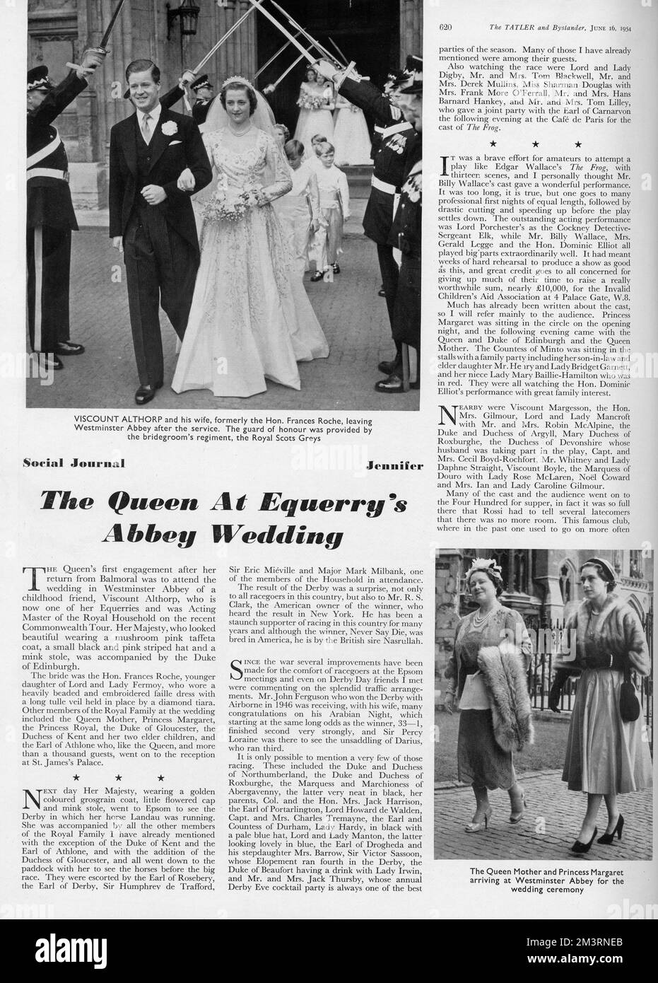 Page from The Tatler reporting on the wedding of Viscount Althorp (later Earl Spencer) and the Hon. Frances Roche, the parents of Diana, Princess of Wales, taking place at Westminster Abbey in June 1954.  The wedding was attended by the Queen and other members of the royal family - the Queen Mother and Princess Margaret can be seen in the bottom right photograph.    1954 Stock Photo