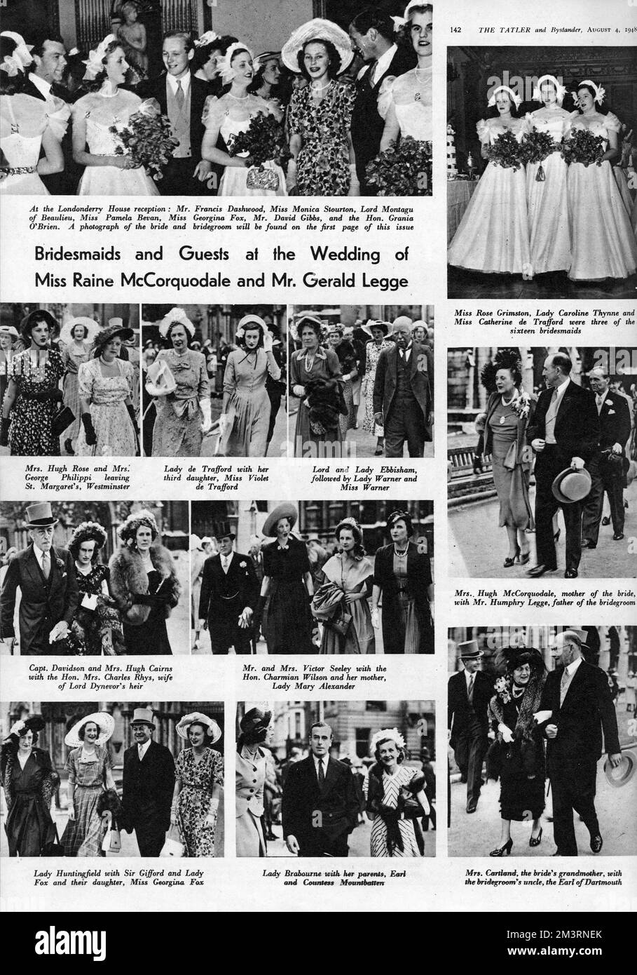 Page from The Tatler featuring photographs of the prestigious roster of guests attending the wedding of Raine McCorquodale and Gerald Legge in 1948.  Among those shown are Earl and Countess Mountbatten, and the novelist Barbara Cartland who was the bride's mother. Raine subsequently married Earl Spencer, the father of Diana, Princess of Wales.      Date: 1948 Stock Photo