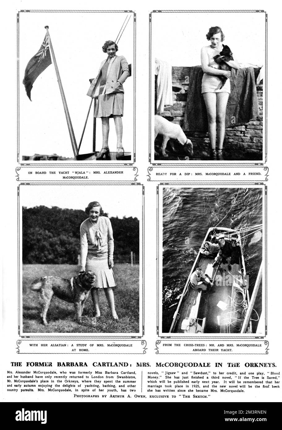 Page from The Sketch magazine carrying photographs of novelist and socialite, Dame Mary Barbara Hamilton Cartland (1901-2000), married name Mrs Barbara McCorquodale, pictured at Swanbistre, in the Orkneys.  Top left picture shows her on the deck of the yacht, Njala.     Date: 1928 Stock Photo