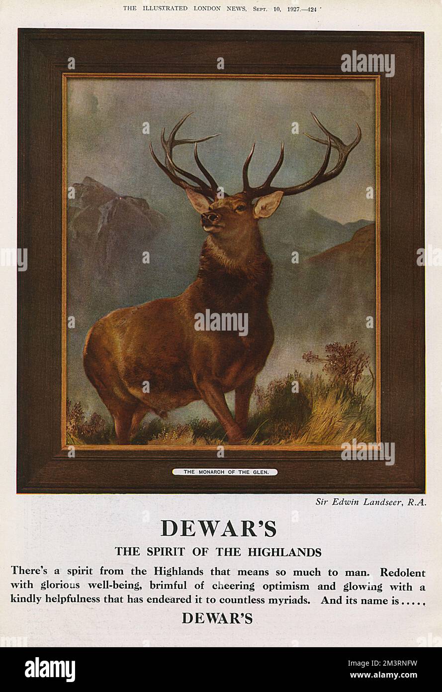 Advertisement for Dewar's whisky, the spirit of the highlands, featuring Edwin Landseer's painting The Monarch of the Glen.   1927 Stock Photo