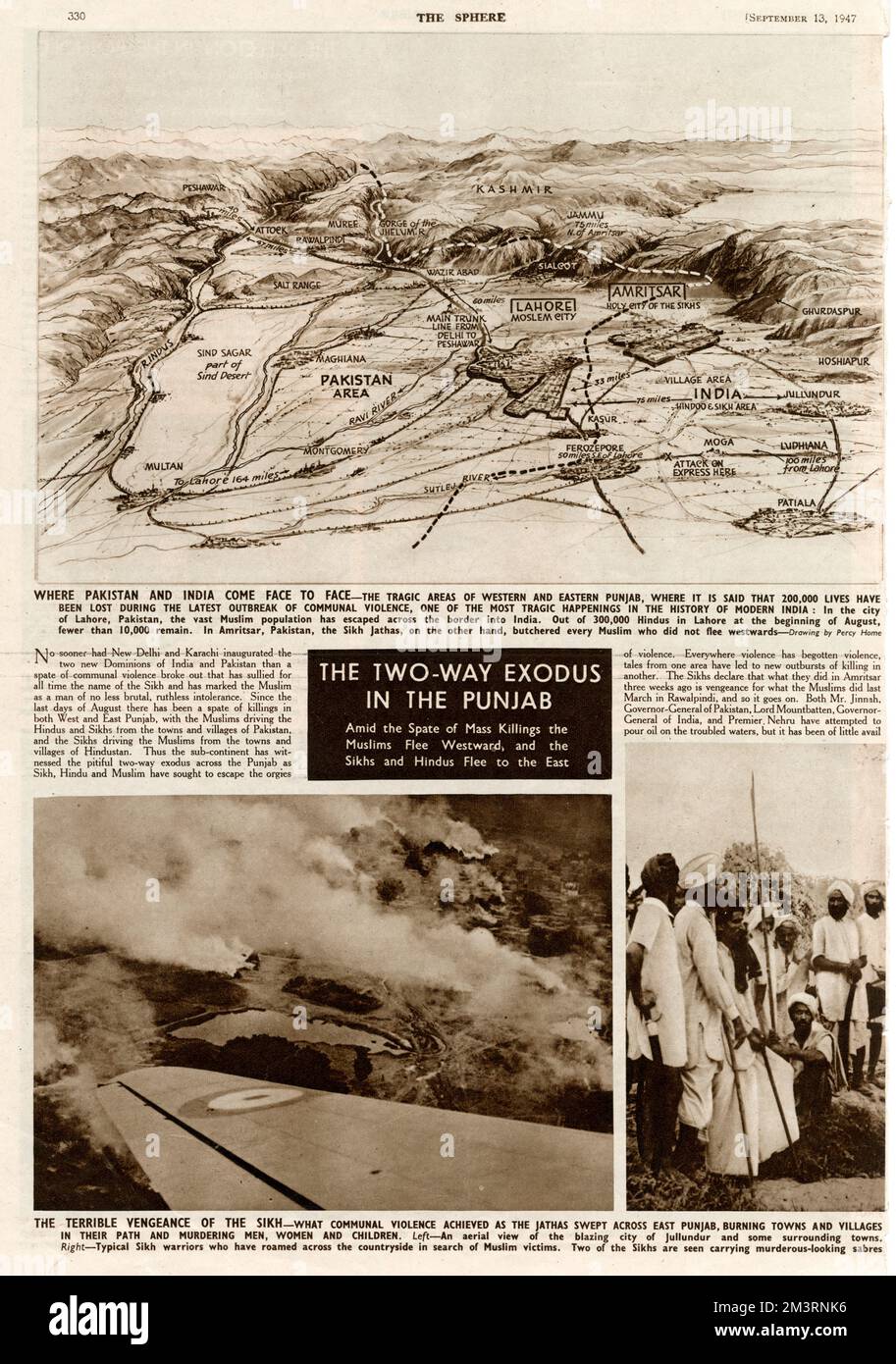 Page from The Sphere magazine reporting on the devastating consquences of partition in India in 1947.  Top illustration shows points of violence in East and West Punjab.  Bottom left picture shows an aerial view of the burning town of Jullundur and surrounding villages in East Punjab.  Bottom right image shows Sikh Jathas with weapons.     Date: 1947 Stock Photo