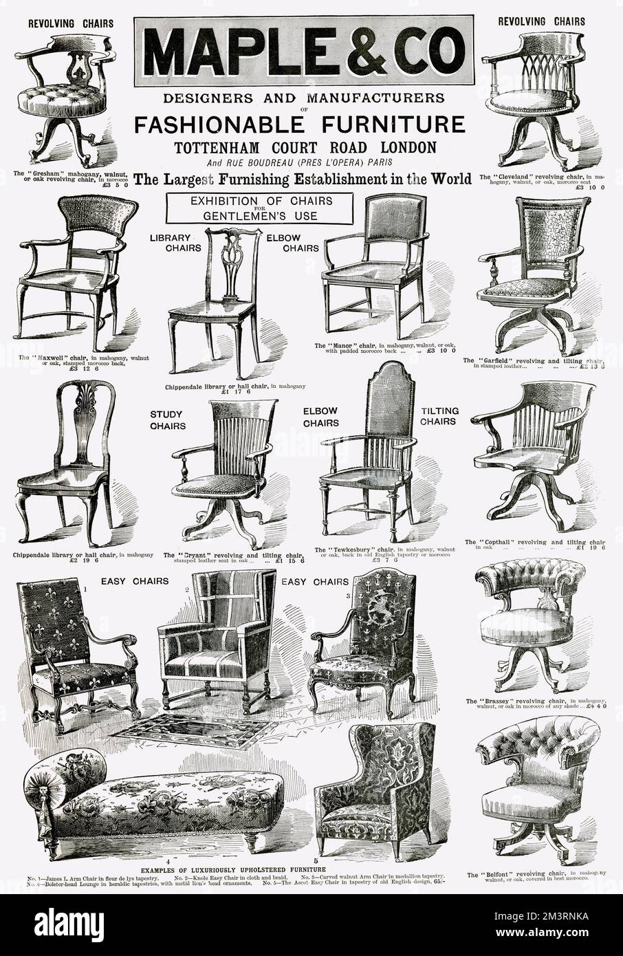 Large selection of wooden chairs available from 'Maple &amp; Co', in Tottenham Court Road, London.   1900 Stock Photo