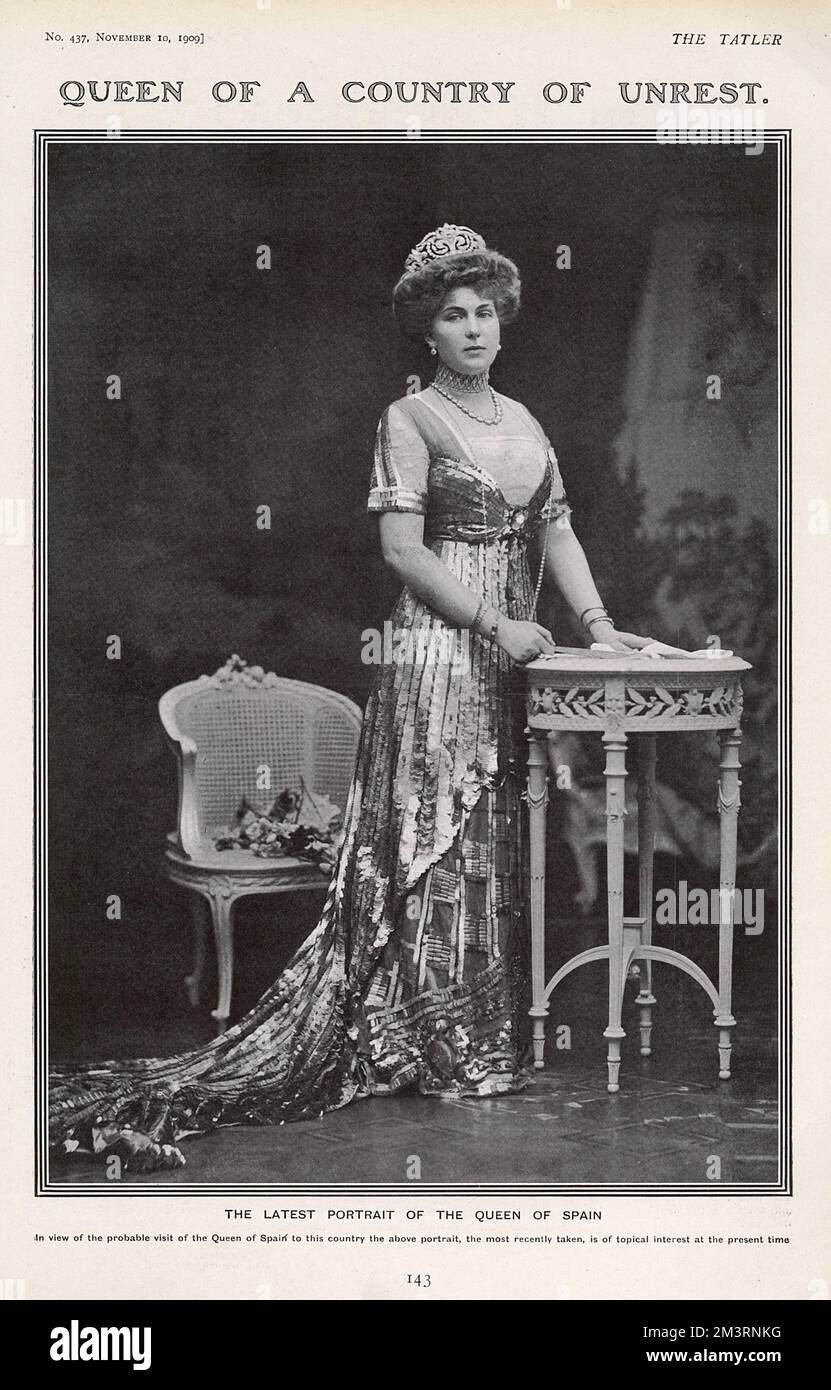 Victoria Eugenie of Battenberg (1887 - 1969), Queen of Spain as the wife of King Alfonso XIII. Spain had just recently suffered a period of unrest and violent confrontations between the Spanish army and anarchists, socialists and republicans so was much in the news.   10th November 1909 Stock Photo