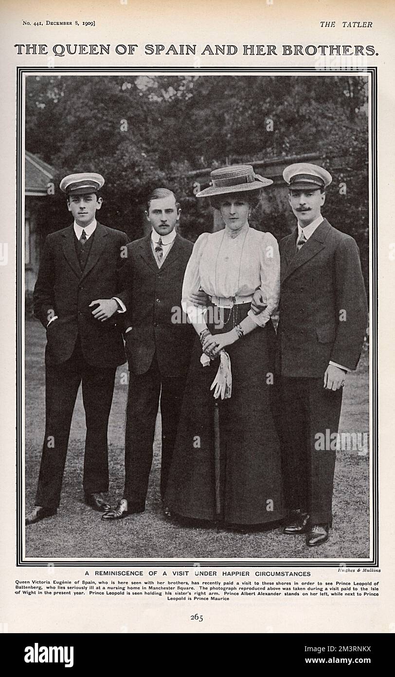 Full page black and white photograph of Queen Victoria Eugenie of Spain and her brothers in the Tatler of 8th December 1909. The Queen is seen posing with (left to right) Prince Maurice, Prince Leopold of Battenberg and Prince Albert Alexander. Prince Leopold of Battenberg was seriously ill in London at the time of this photograph, this photo having been taken earlier in the year on the Isle of Wight.   8th December 1909 Stock Photo