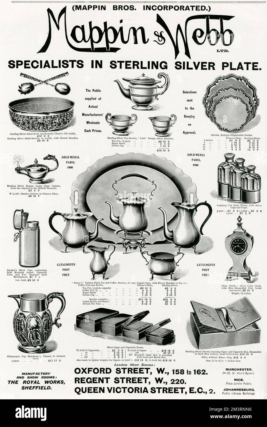 Selection of household items from 'Mappin &amp; Webb', specialists in sterling silver plate.  1904 Stock Photo