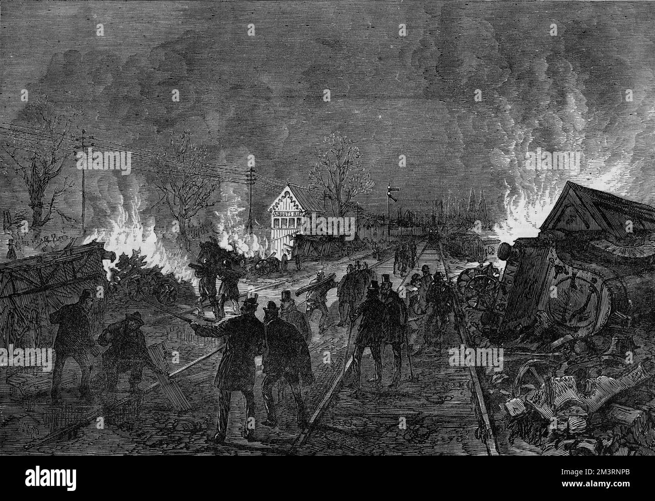 Crash scene at Abbot's Ripton-Cambridgeshire,England on a Saturday night.     Date: 1876 Stock Photo