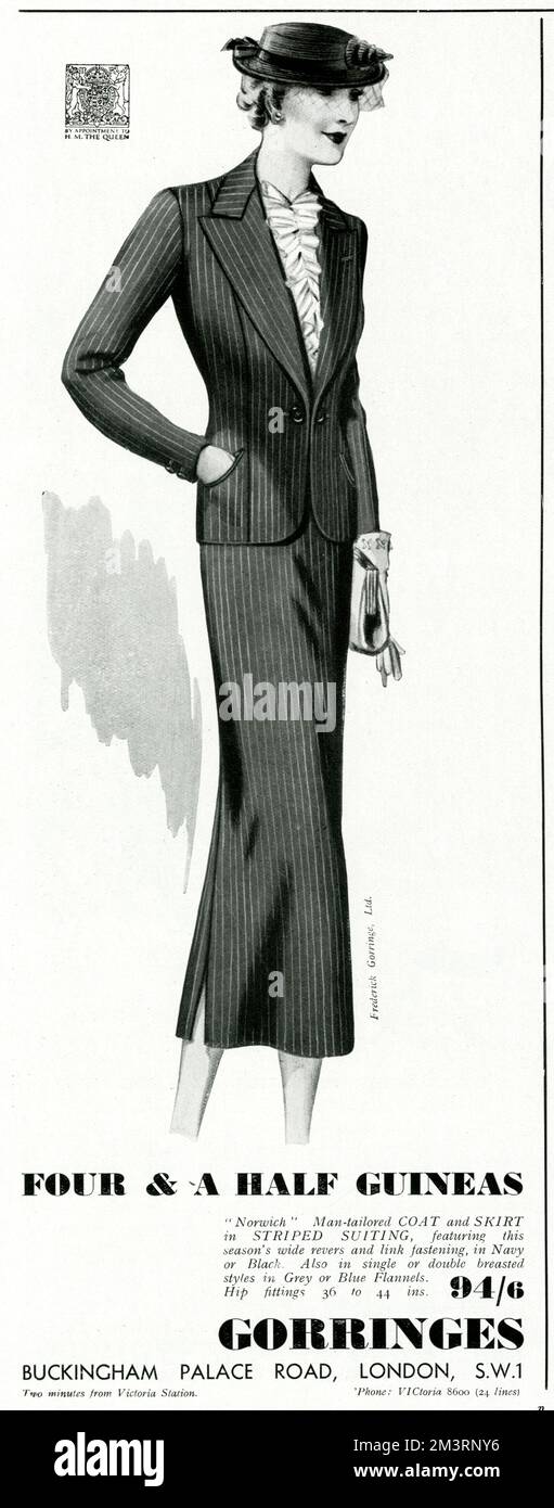 Tailored striped three-quarter length skirt and jacket with link fastening.     Date: 1937 Stock Photo