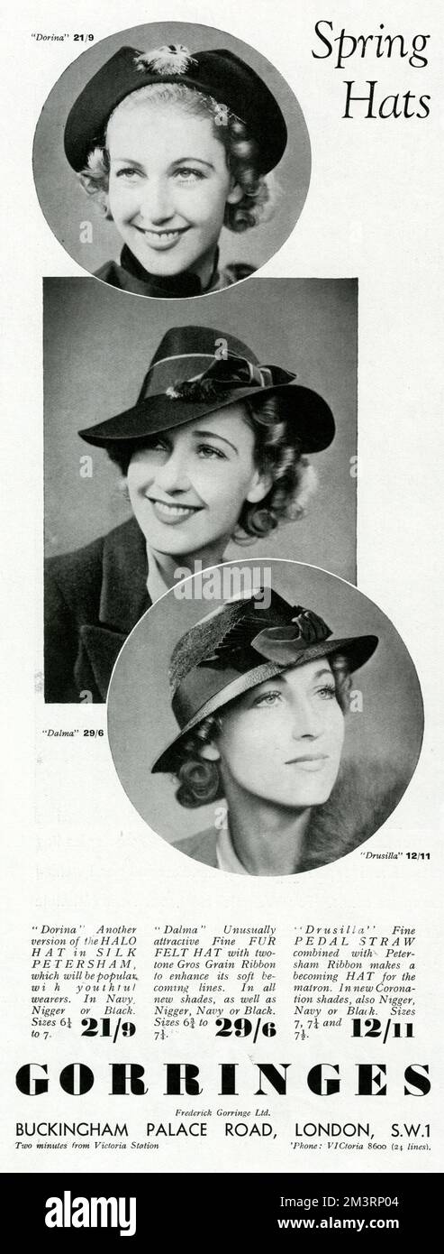 Model wearing three sytles in spring hats for 1937, the 'halo' in silk that frames for the face, two colour fur 'felt hat' and 'pedal' straw hat.   1937 Stock Photo
