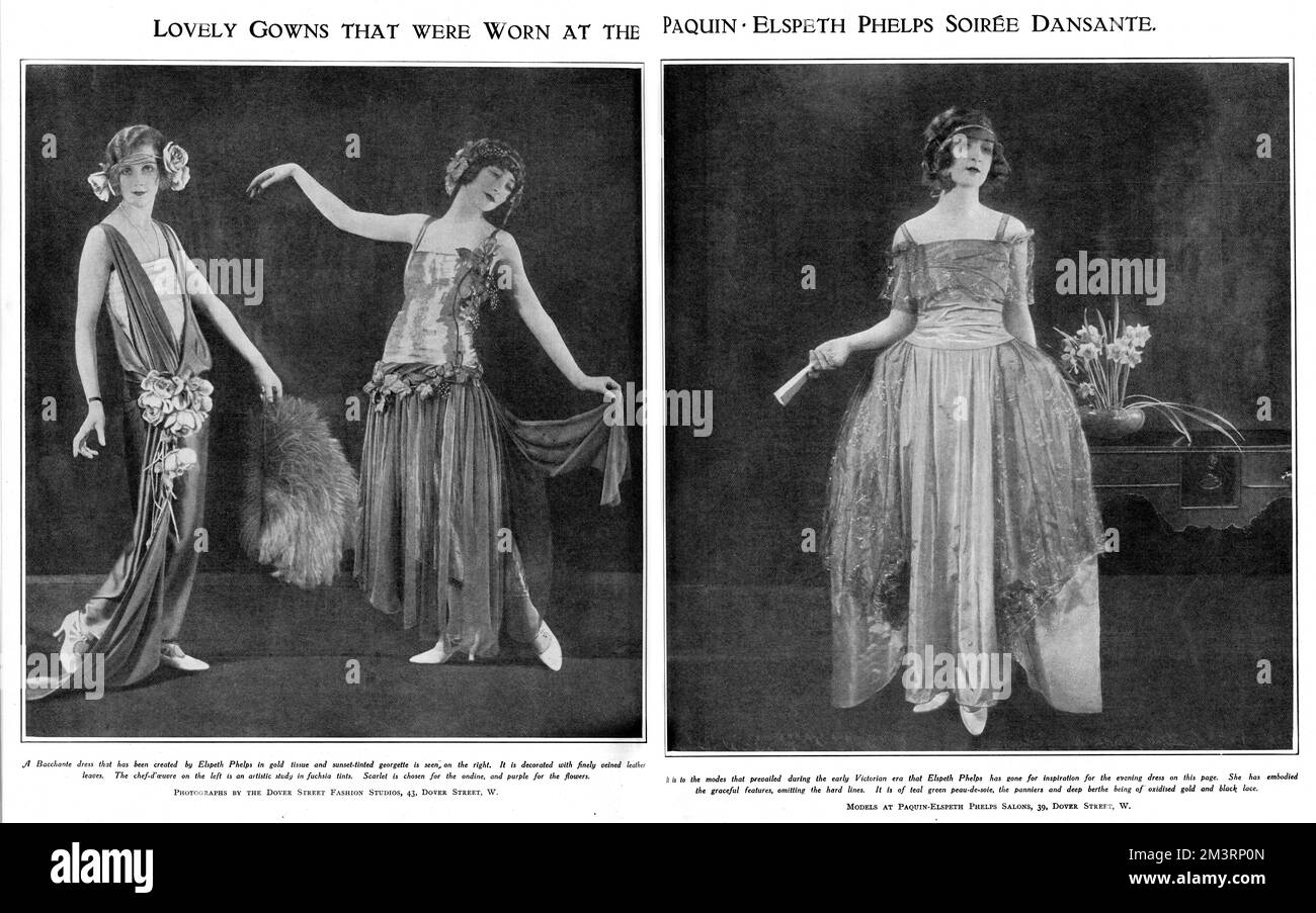 A selection of gowns showcased at the Paquin Phelps soiree dansante held in March 1923 to celebrate the amalgamation of the British fashion house of Elspeth Phelps with Paquin of Paris.  On the left a chef d'oeuvre in fushchia tints and on the right a bacchante dress of gold tissue with sun-tinted georgette.  On the right hand page is a Victorian-inspired dress of teal green peau de soie with panniers and gold &amp; black lace.       Date: 1923 Stock Photo
