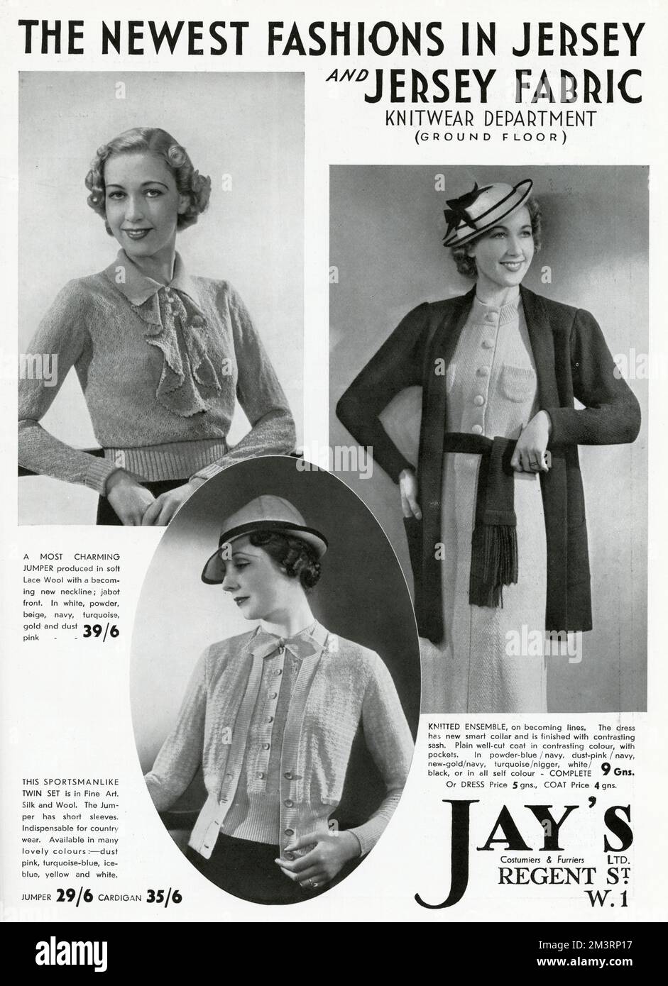 Selection of jersey knitwear for women, including lace wool jumper with collar and jabot, smart twin set and knitted dress with long and contrasting cardigan and sash.  1937 Stock Photo