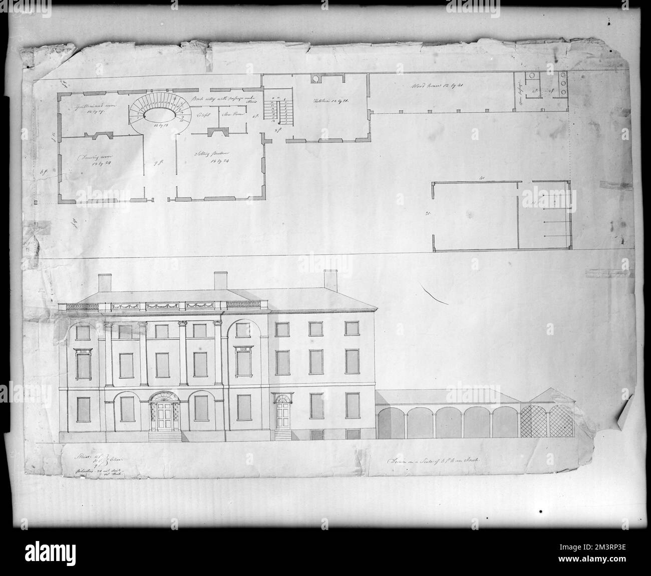 Salem, maps and plans, plan by McIntire, of Long House with stables , Houses, Stables, Floor