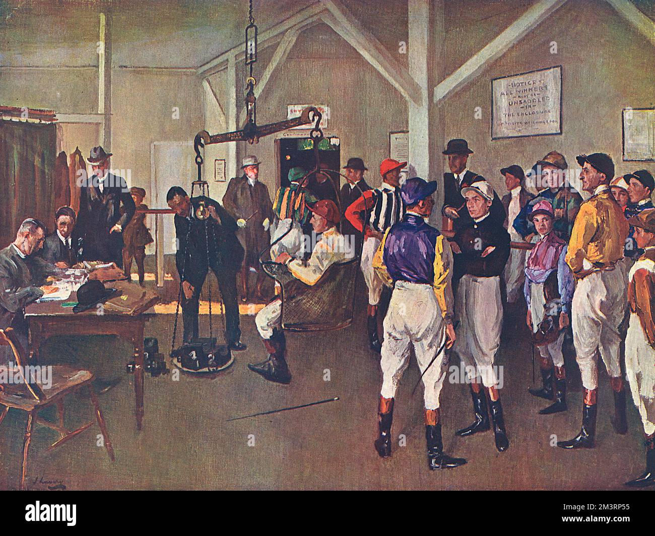 The Weighing Room at Hurst Park by John Lavery picturing famous jockeys of the day - from left, McLachlan, Steve Donoghue (in the scales), Bullock, Smirke, Weston, Beary, Pat Donoghue, R. Jones, V.Smythe, Carslake, Collins, Wragg and McLachlan junior.  1925 Stock Photo