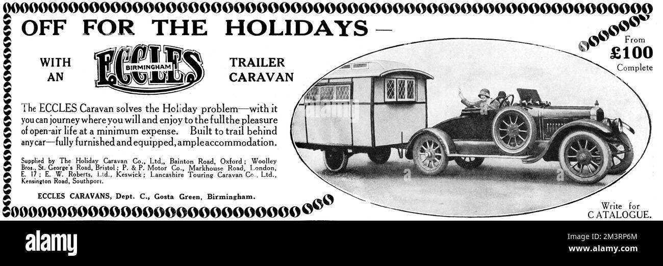 Advertisement for Eccles of Birmingham, manufacturer of trailer caravans, 'where you will and enjoy to the full the pleasure of open-air life at a minimum expense.'     Date: 1927 Stock Photo