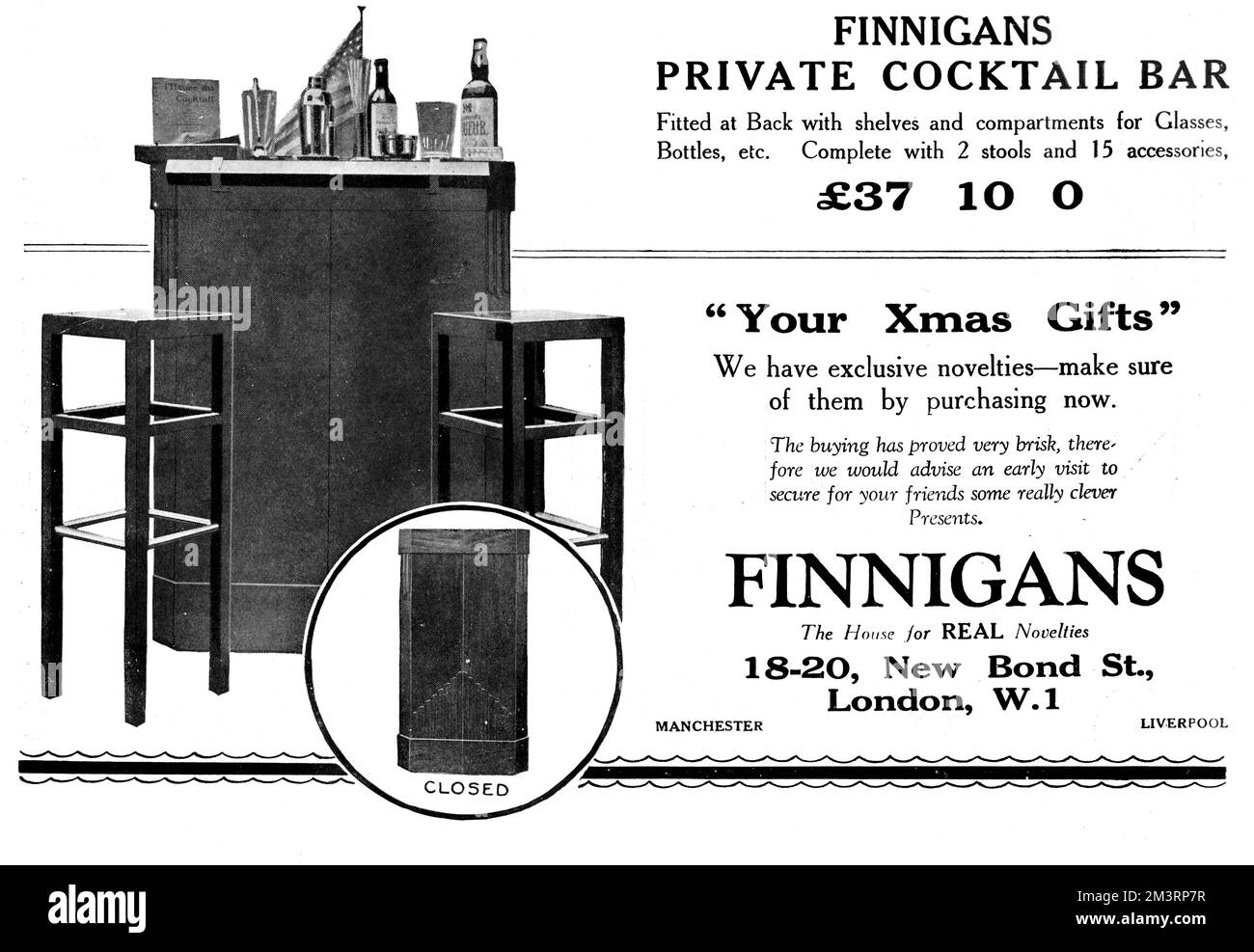 Black and white advert in the Sketch for Finnigans of New Bond Street, London, featuring their Private Cocktail Bar which was '...fitted at Back with shelves and compartments for Glasses, Bottles, etc. Complete with 2 stools and 15 accessories', all for the sum of 37 10 shillings.      Date: 12th December 1928 Stock Photo