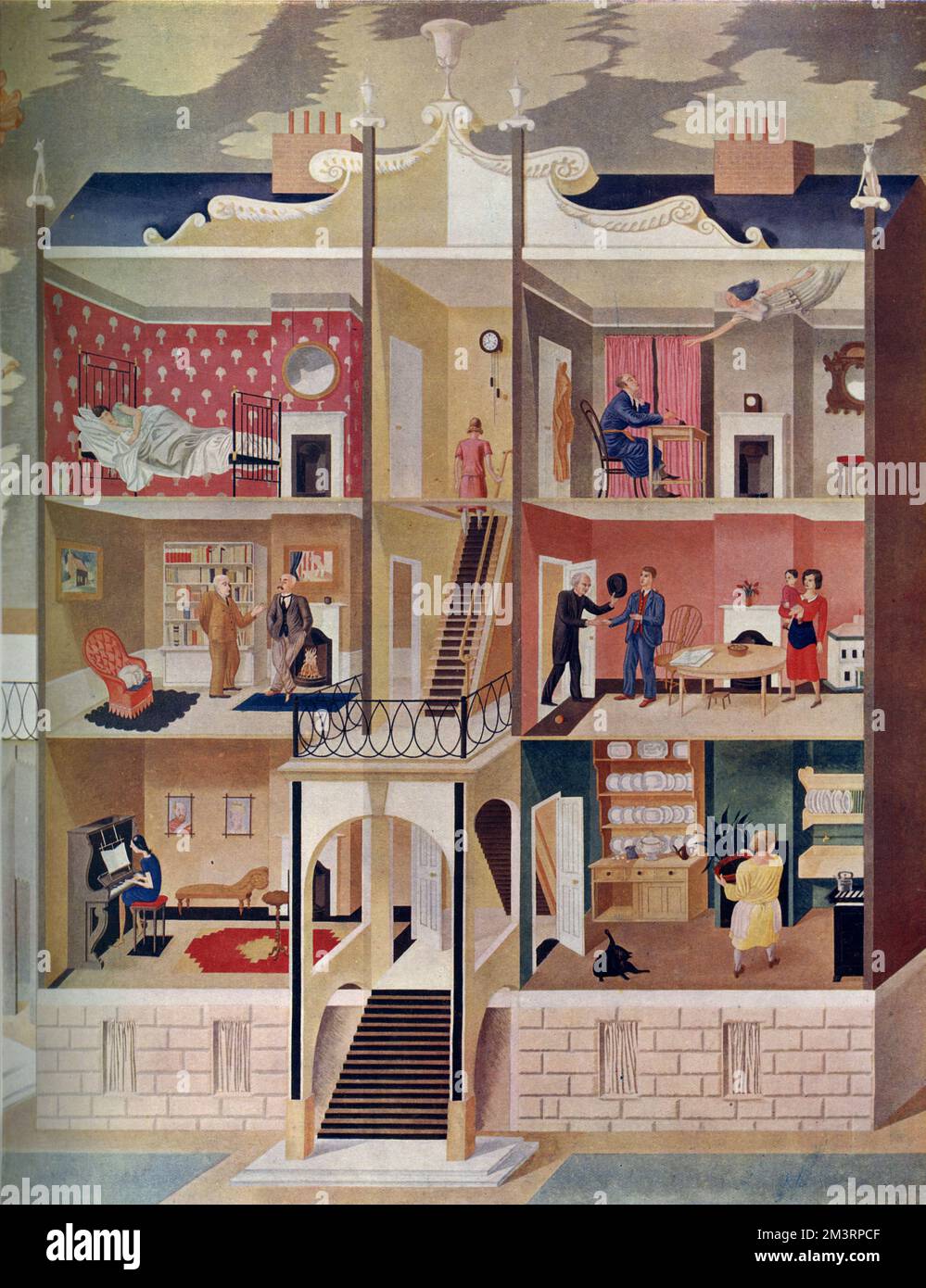A modern boarding house in cross section, a mural painted by Eric Ravilious at Morley College for Working Men and Women.  The paintings at the college were the gift of Sir Joseph Duveen, 'whose benevolence to young British artists is now proverbial.'     Date: 1930 Stock Photo