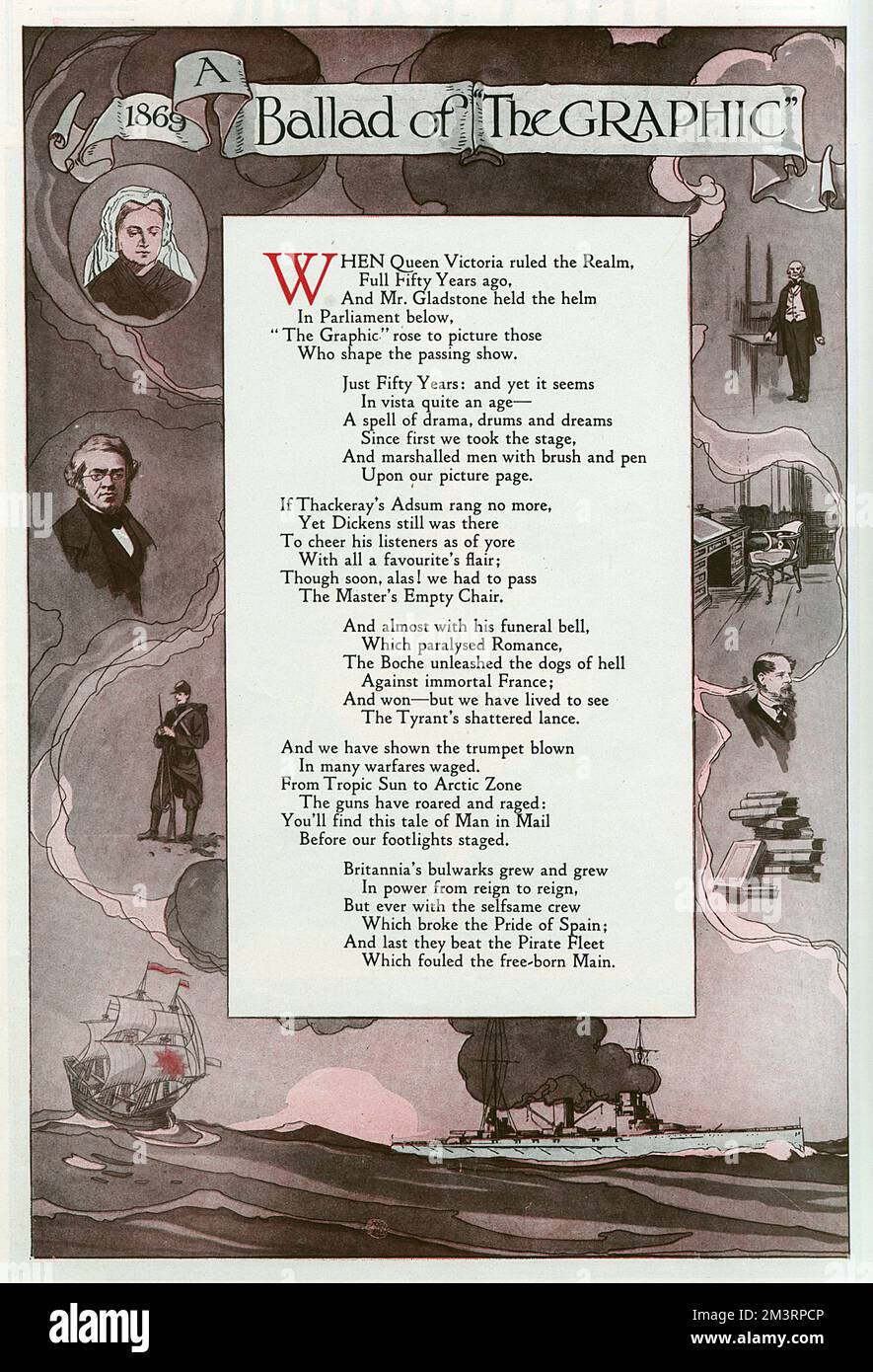 Illustrated poem telling the story of The Graphic magazine, launched in 1869 by William Luson Thomas.  The poem was written by the editor, J. M. Bulloch and illustrated by H. Nelson with key figures and events in the magazine's fifty year history (this appeared in the magazine's 50th anniversary Christmas number - it would actually run until 1933).  See picture number 11936736 for the other page and the second half of the poem.       Date: 1919 Stock Photo