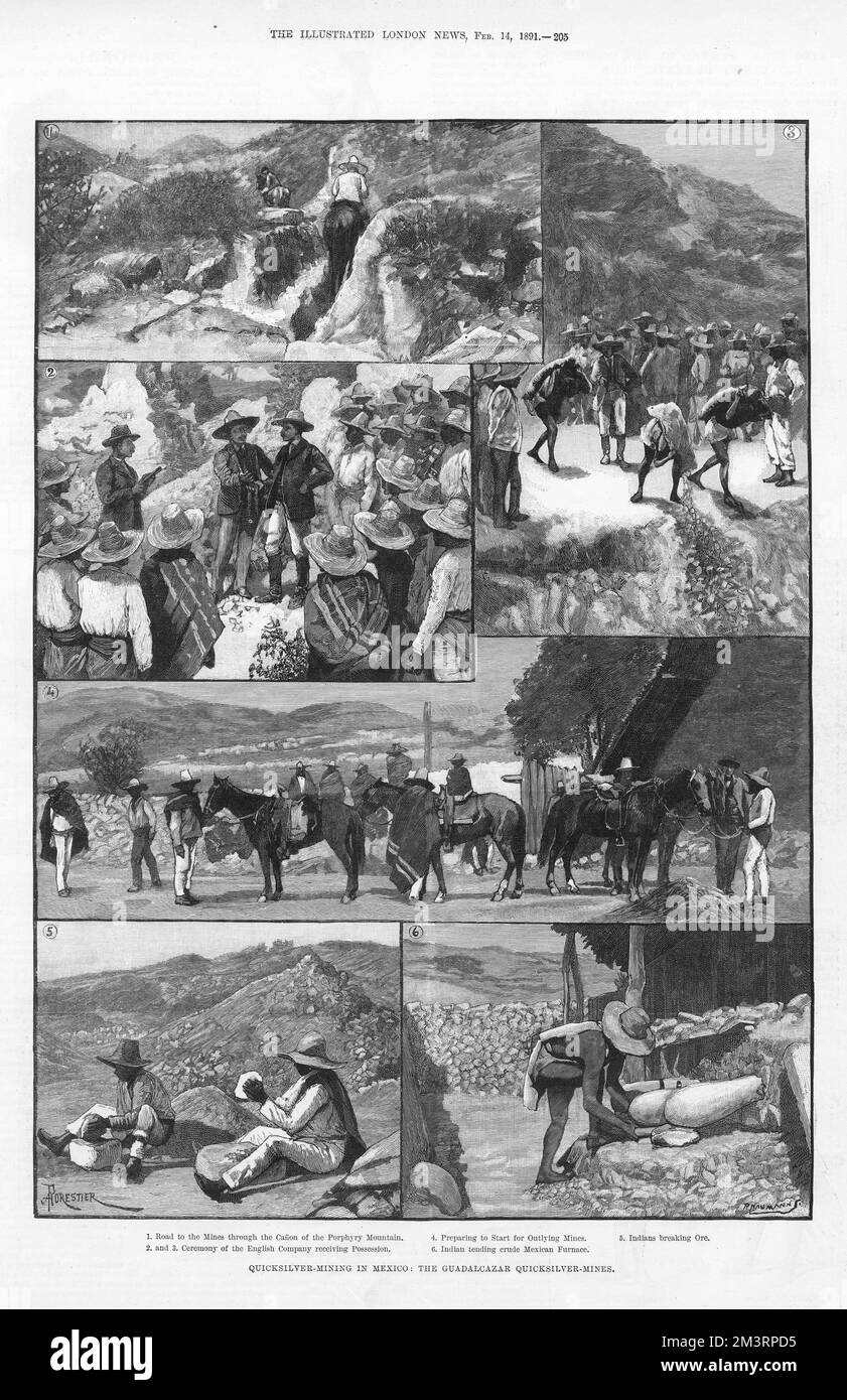 Quicksilver-mining in Mexico: the Guadalcazar quicksilver mines, 1891. 1. Road to the mines through the canon of the Porphyry Mountain; 2. and 3. Ceremony of the English company receiving possession; 4. preparing to start for outlying mines; 5. Indians breaking ore; 6. Indian tending crude Mexican furnace.     Date: 1891 Stock Photo