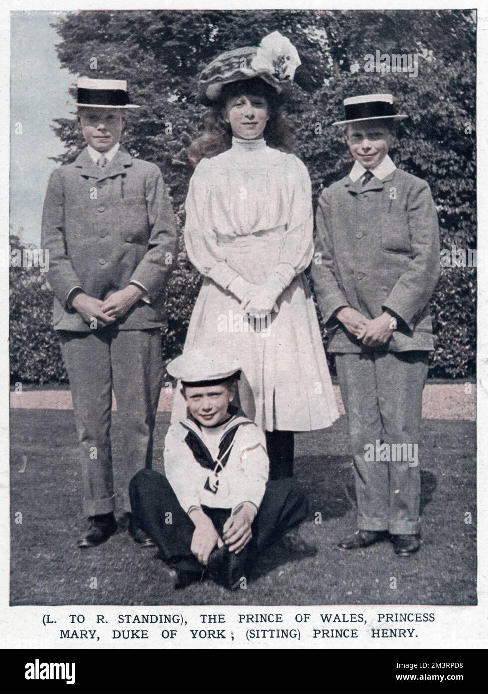 Four eldest children of George V and Mary of Teck, (left) Prince David, sixteenth birthday titled Prince of Wales (future Edward VIII for one year in 1936 and then Duke of Windsor),(1894 - 1972). (middle) Princess Mary in a chair Princess Royal and Countess of Harewood (1897 - 1965). (right) 'Bertie' Prince Albert, Duke of York (future George VI 1936 - 1952), (1895 - 1952). (sitting on floor)  Prince Henry, Duke of Gloucester (1900 - 1974). Stock Photo