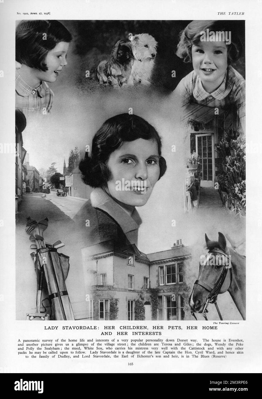 Montage photograph of Lady Stavordale, formerly Helen Elizabeth Ward, wife of Edward Fox-Strangways, 7th Earl of Ilchester.  Pictured surrounded by all her favourite things - her children Teresa and Giles (who died aged 13), her dogs, Wendy the Pekingese and Polly the Sealyham Terrier, their home of Evershot in Dorset, her horse White Sox and a set of golf clubs.      Date: 1938 Stock Photo