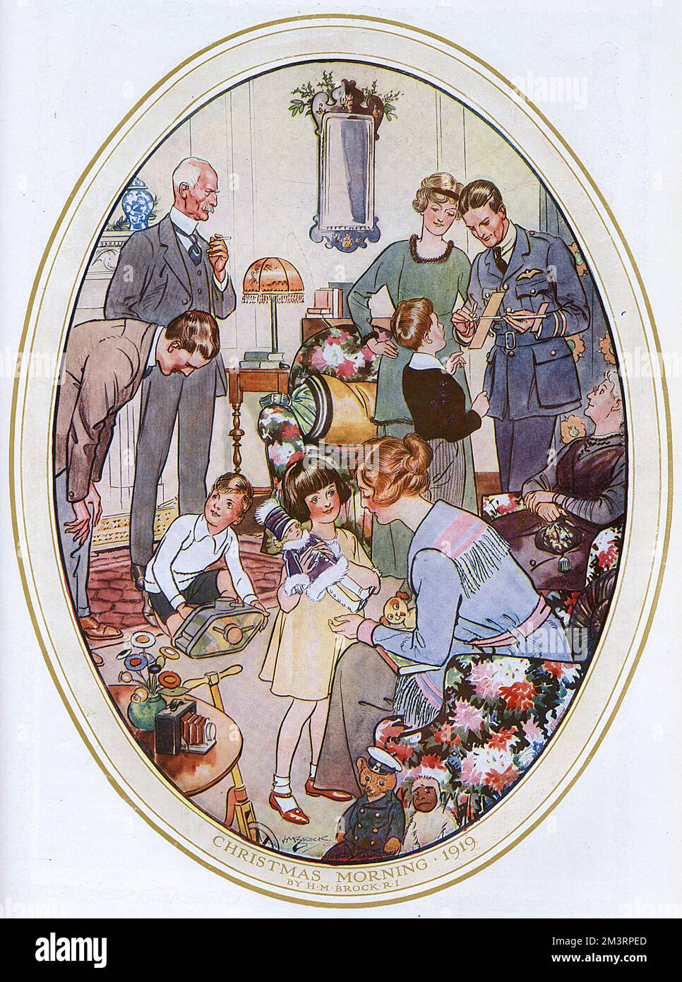 Impression of Christmas morning 1919 by H. M. Brock, the counterpart of an illustration done by H. M. Brock's brother, C. E. Brock of a Victorian Christmas morning in 1869.  The two pictures were commissioned by The Graphic and appeared in its Christmas Number 1919, which celebrated the magazine's fiftieth anniversary.  Its first issue launched on 4th December 1869.  Note the Christmas presents enjoyed by the family's children - a tank, a plane and a teddy dressed in a Royal Navy uniform feature - indicating the period, immediately after the First World War.  See picture number 11936741 for th Stock Photo