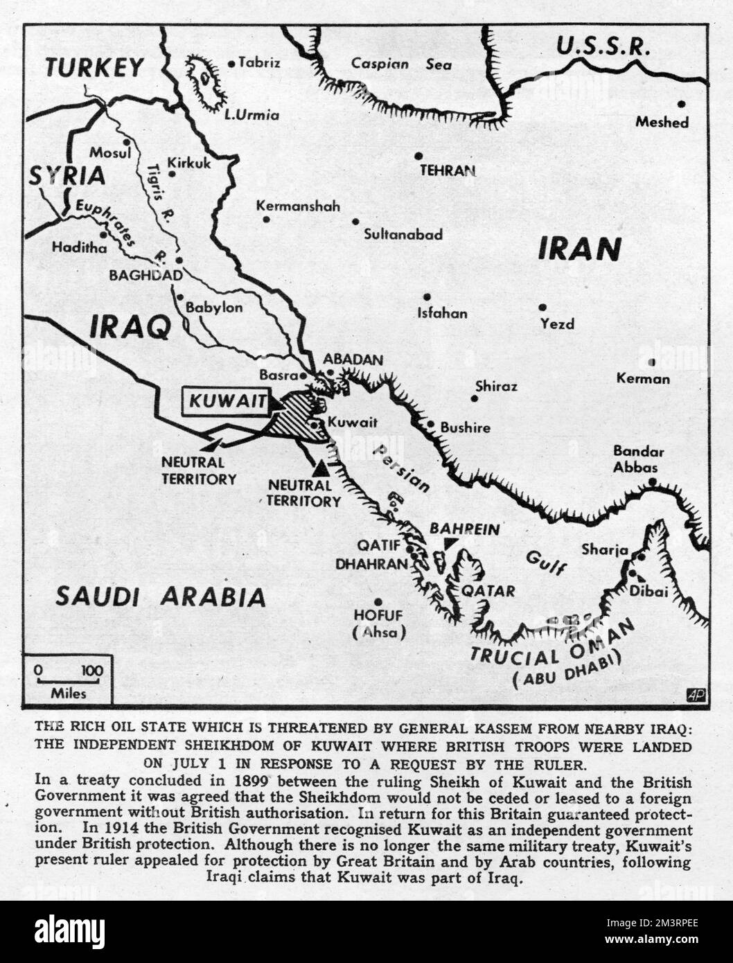 Page from The Illustrated London News with the weekly feature Our Notebook written by Arthur Bryant commenting on the situation in Kuwait in 1961.  General Kassem of Iraq had claimed oil-rich Kuwait was Iraqi territory and mobilised military close to its border.  The move prompted Britain to send troops in support.  The article is illustrated by a map of the Middle East showing Kuwait bordered by Iraq and Saudi Arabia. Stock Photo