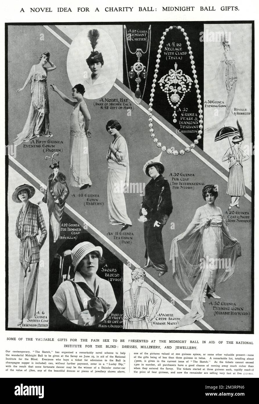 Pre World War One charity midnight ball, in aid of 'The National Institute for the Blind', taking place at the 'Savoy' on 25 June, everyone who attended bought a ticket for a lucky-dip, with the winner receiving a Daimer motor-car of the value of 600 and any of the beautiful dresses shown or a piece of jewellery, the total amount 3000.     Date: 1914 Stock Photo
