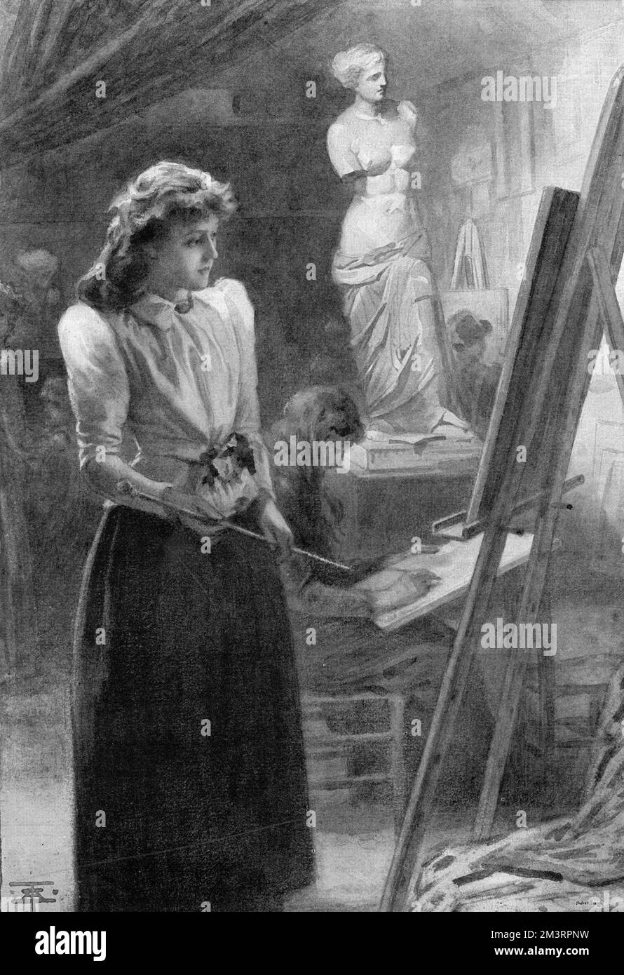 A female art student contemplates her canvas while in an art class in which the female students are drawing from classical statuary.  Access to life classes, considered unsuitable for women, continued to be a problem for women art students well into the late nineteenth century.       Date: 1893 Stock Photo