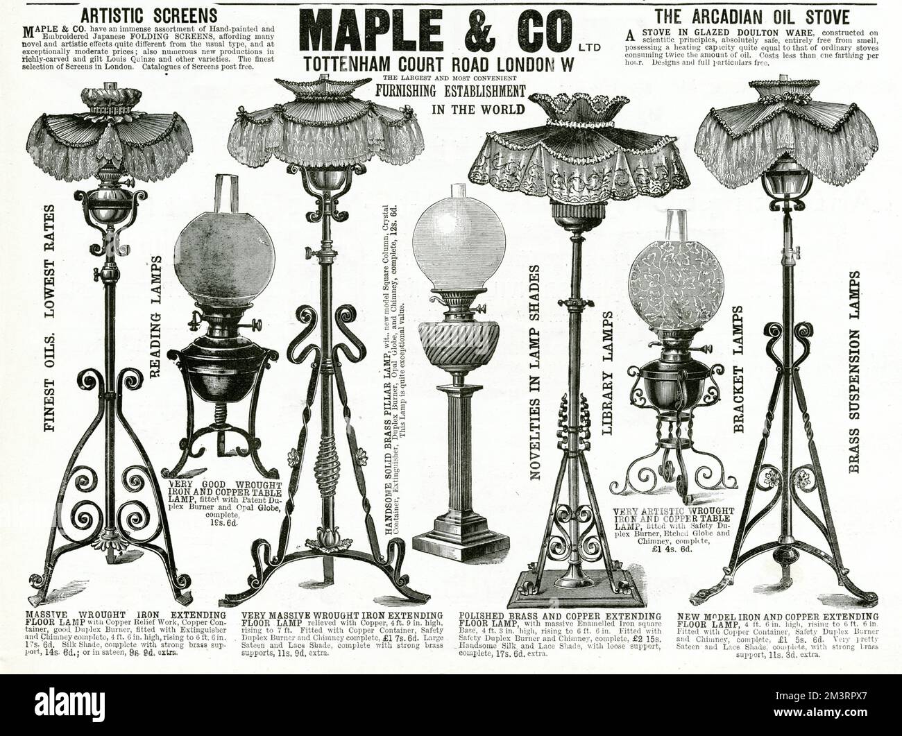 Selection of wrought iron and polished brass extending floor lamps.     Date: 1893 Stock Photo