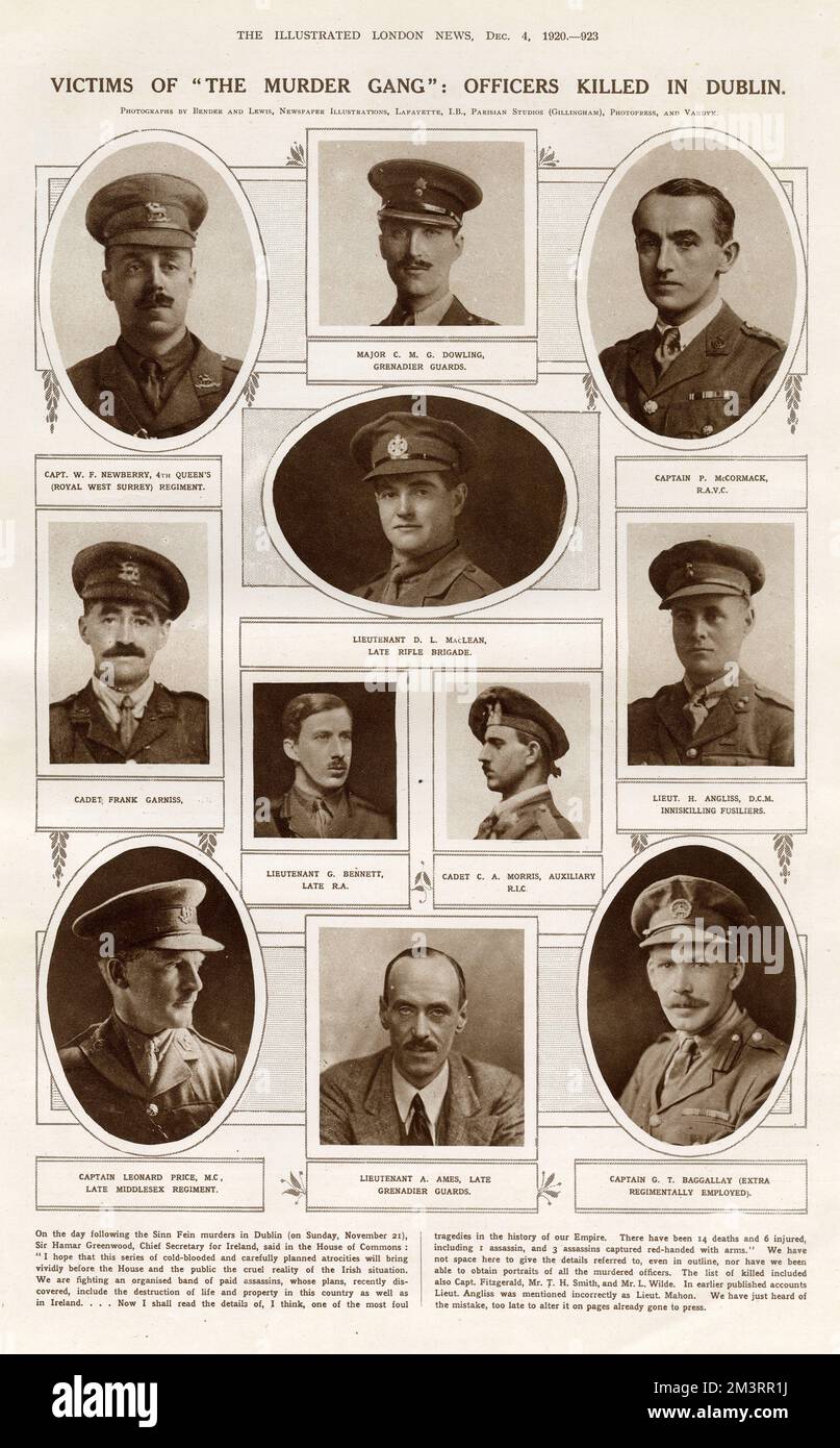 Victims of the &quot;Murder Gang&quot;: officers killed in Dublin by Sinn Fein, on 21st November 1920. Fourteen British Army officers and ex-officers were shot dead in their homes     Date: 1920 Stock Photo