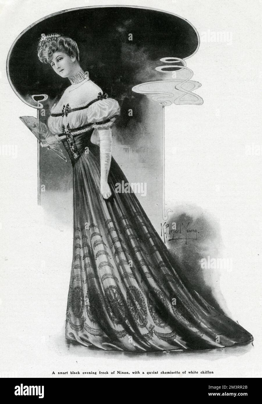 Women wearing a black evening frock of ninon, inset with arched motift of lace which at the hem resolve into large wheel effects, worked up with chenille and silk. The distinctive feature of the design of course is the quaint fulled chemisette and short puffed sleeves ornamented with narrow close quillings of black ribbon and a quantity of little butterfly bows centred by small paste diamond buttons.     Date: 1905 Stock Photo