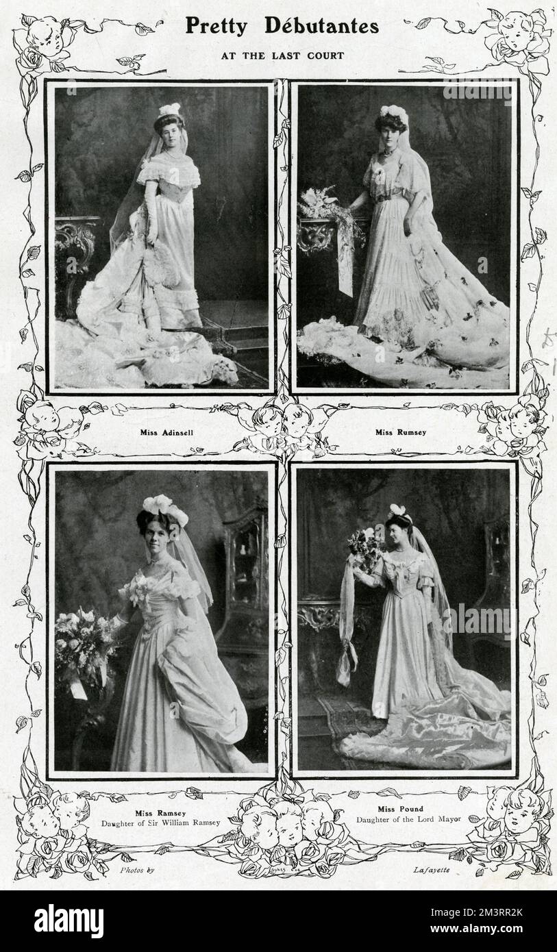 A page of Debutantes wearing traditional white court gowns.     Date: 1905 Stock Photo