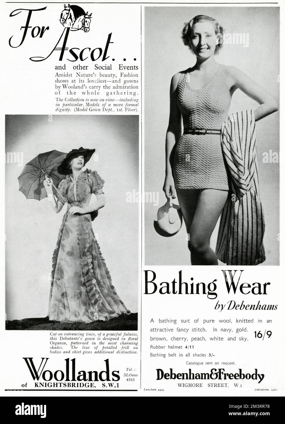 Two adverts from 'Woolands' of model wearing a graceful full length Ascot dress, designed in floral organza, patterned in charming shades, petalled frill on bodice and skirt. On the right, advert from Debenham & Freebody , one-piece belted bathing suit of pure wool, knitted in an attractive stitch.     Date: June 1937 Stock Photo