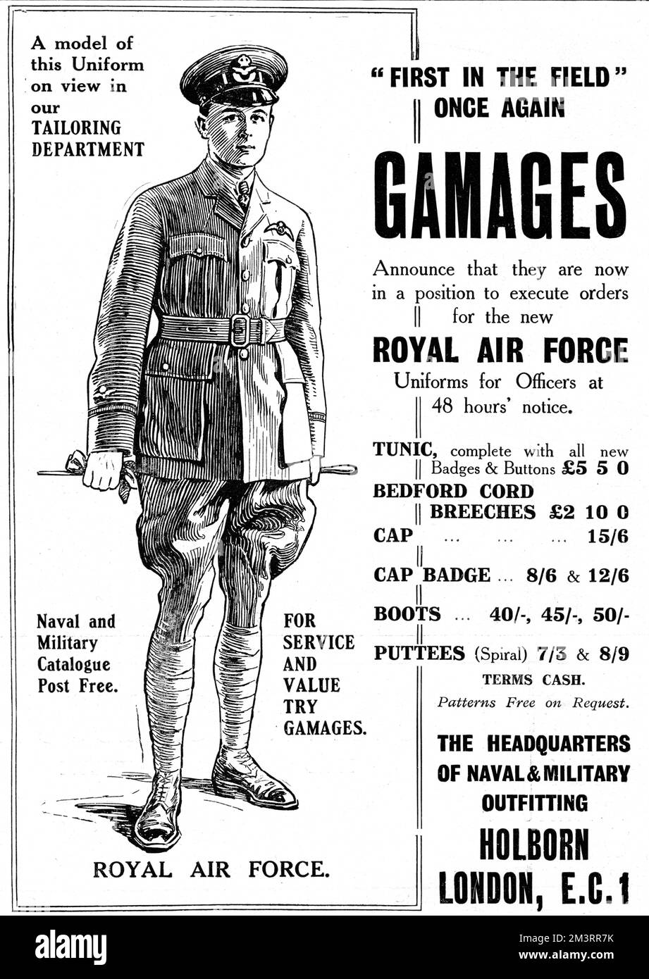 Advertisement for the officers' uniforms for the newly formed Royal Air Force in April 1918 From Gamages of Holborn, London.     Date: 1918 Stock Photo