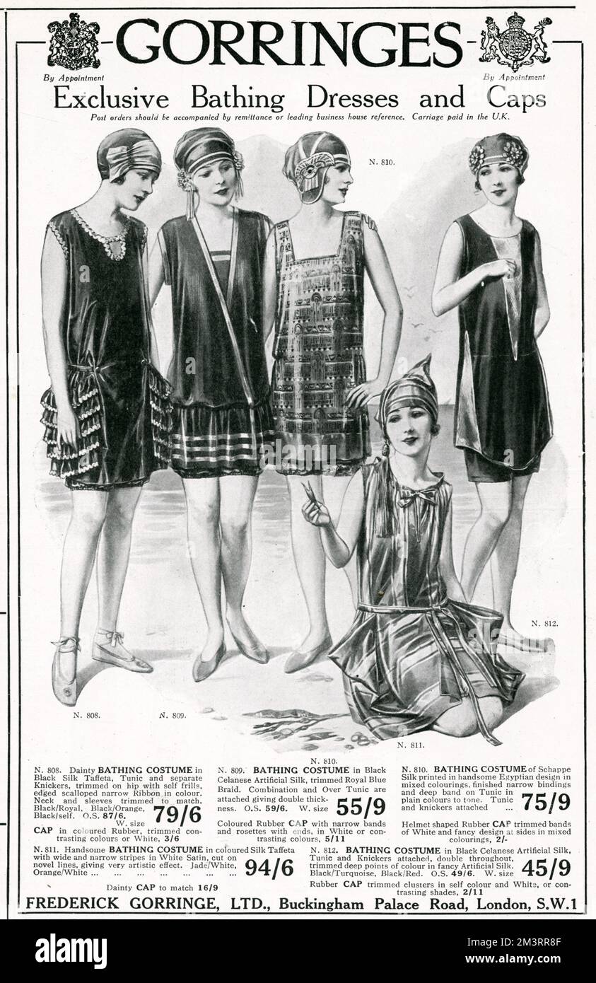 Selection of womens exclusive bathing dresses with separate knickers and capes.     Date: 1924 Stock Photo