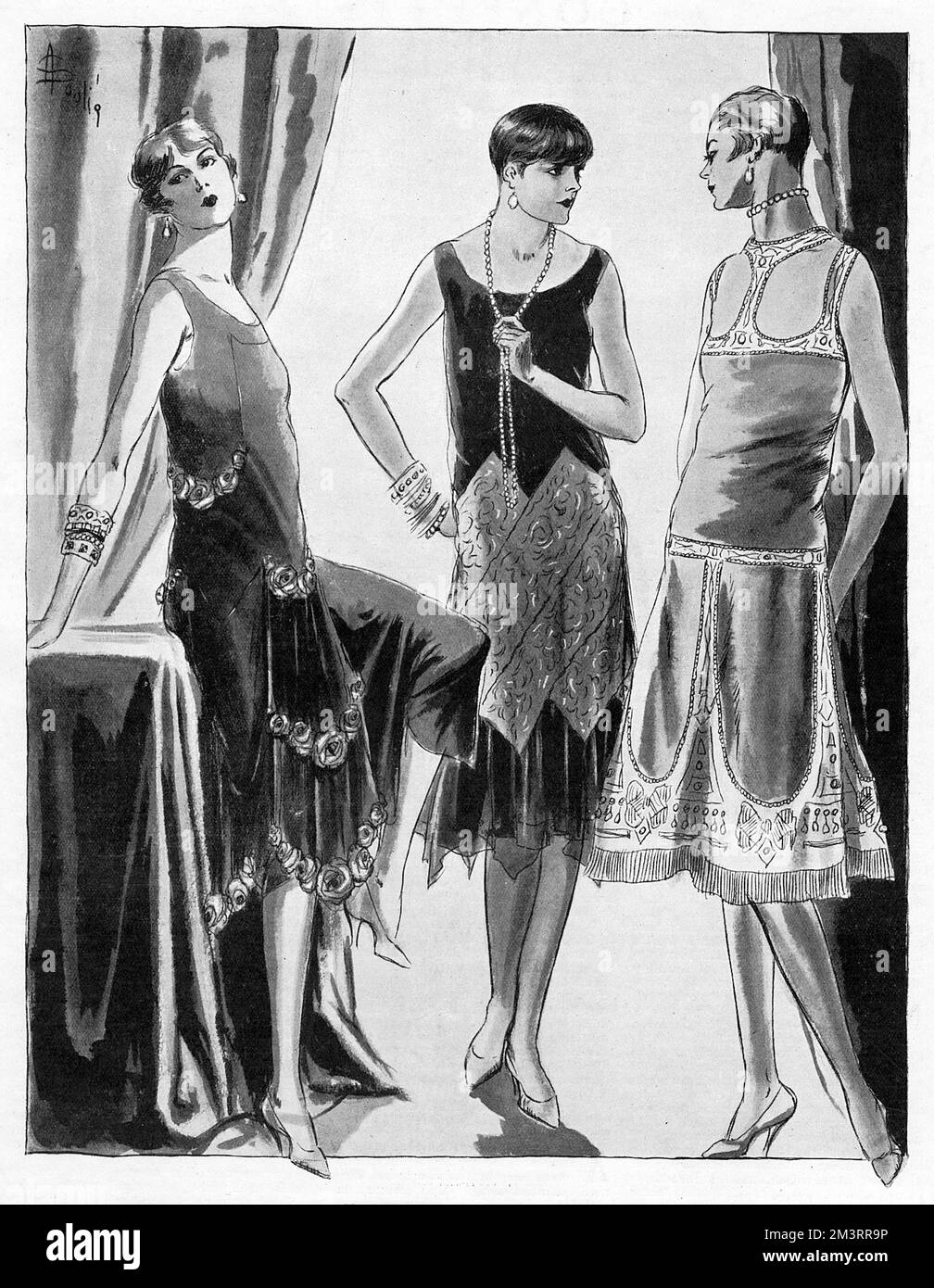 Evening dresses for the fashionable resort of Monte Carlo on the Cote d'Azur.  On the left, crepe dress in peacock blue enriched with silver rose.  Centre - black satin dress with insertions of pearl and gold embroidery.  On the right, rose coloured velvet and silver tissue encrusted with pearls and mother of pearl.       Date: 1925 Stock Photo