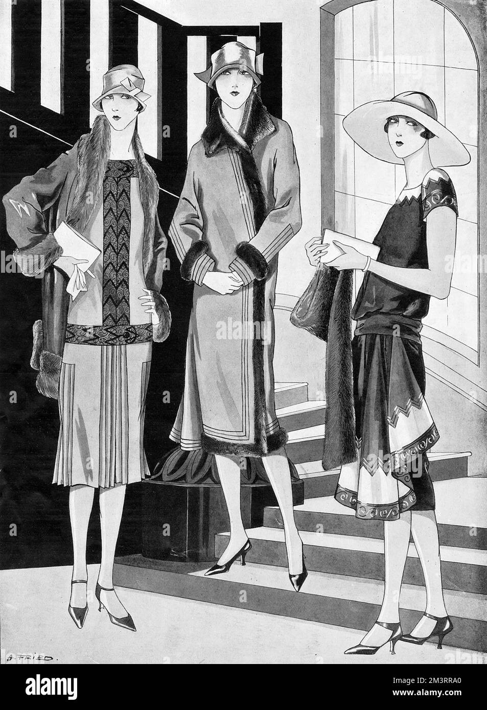 A trio of chic outfits seen on the Riviera.  From left, a jumper suit in lavender hasha worn with a coat of darker tone trimmed with grey fox.  Next, a fur trimmed velvet wrap worn with a smart little hat with a high draped crown.  On the right, an afternoon frock of navy blue crepe birman.  White georgette embroidered with gold outlines the neck and apron effect of the skirt.       Date: 1925 Stock Photo