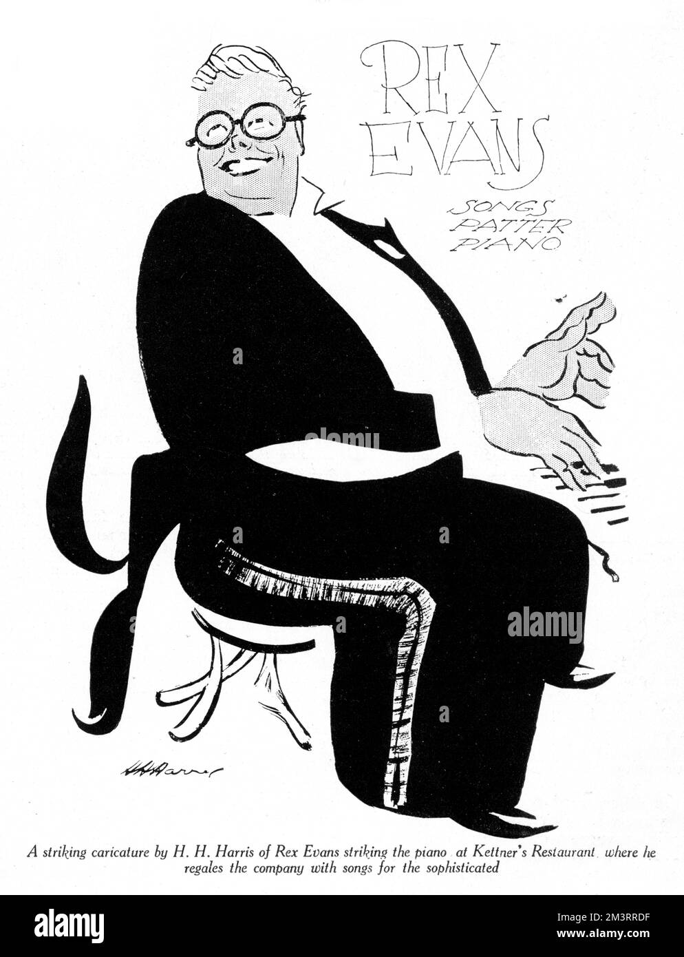 Rex Evans (1903-1969), British character actor and cabaret artist, caricatured by H. H. Harris in The Bystander at the time he was the cabaret performer at Kettner's Restaurant.     Date: 1930 Stock Photo