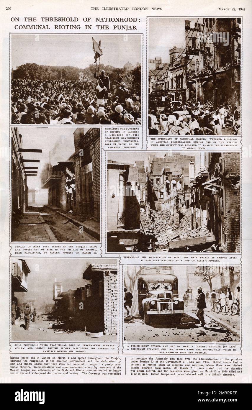 On the threshold of nationhood: communal rioting in the Punjab. Page from the Illustrated London News, 22nd March 1947 reporting on the Partition of India.     Date: 1947 Stock Photo
