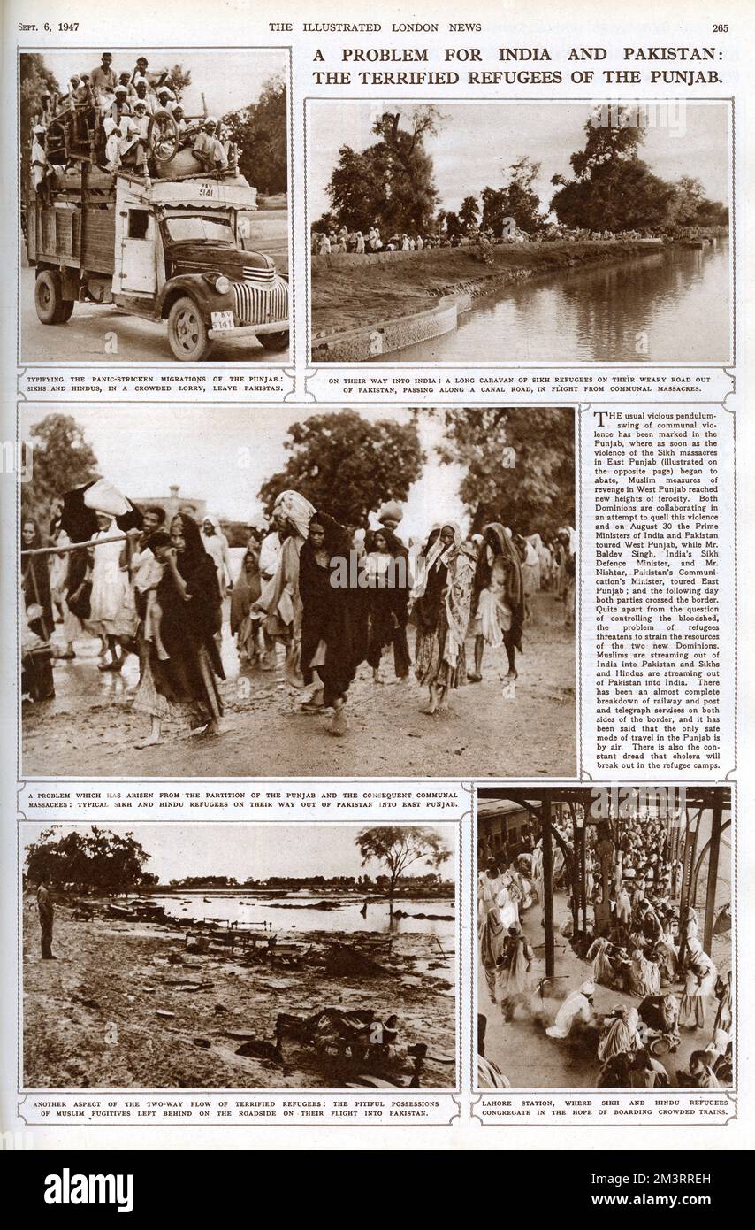 A problem for India and Pakistan: the terrified refugees of the Punjab. Page from the Illustrated London News, 6th September 1947 reporting on the Partition of India.     Date: 1947 Stock Photo