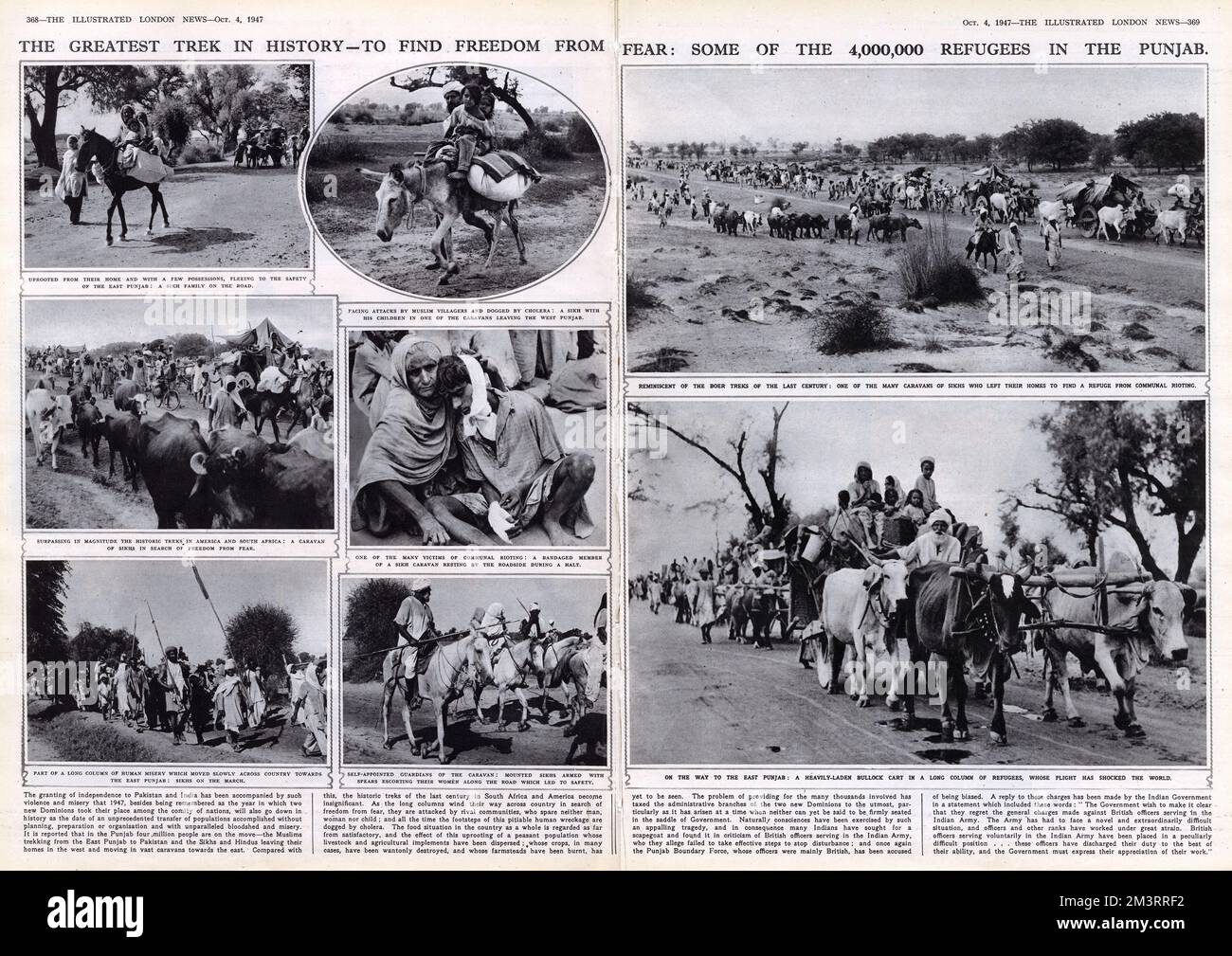 The greatest trek in history - to find freedom from fear: some of the 4,000,000 refugees in the Punjab. Double page from the Illustrated London News, 4th October 1947 reporting on the Partition of India.     Date: 1947 Stock Photo