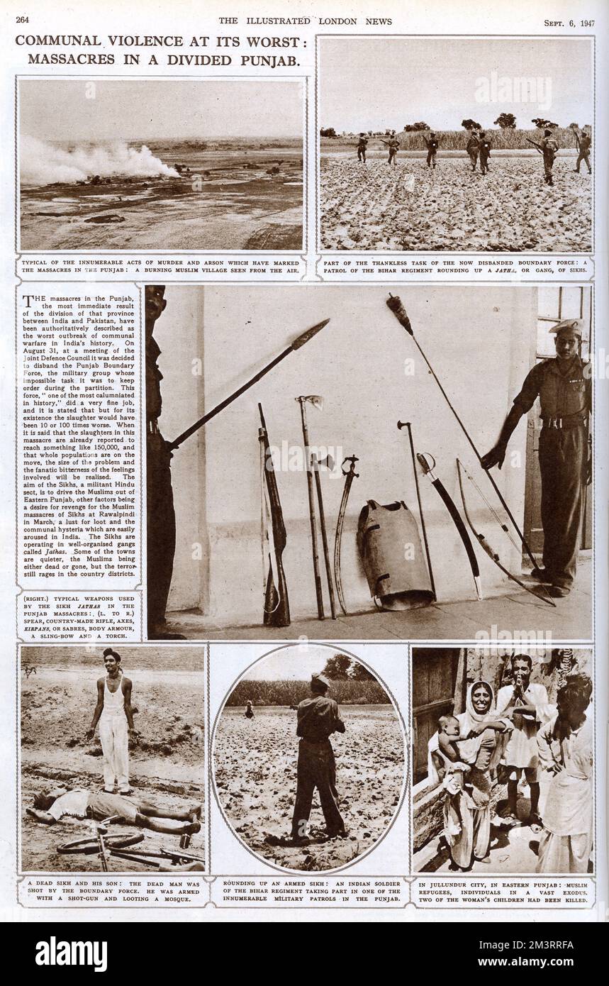 Communal violence at its worst: massacres in a divided Punjab. Page from the Illustrated London News, 6th September 1947 reporting on the Partition of India.     Date: 1947 Stock Photo