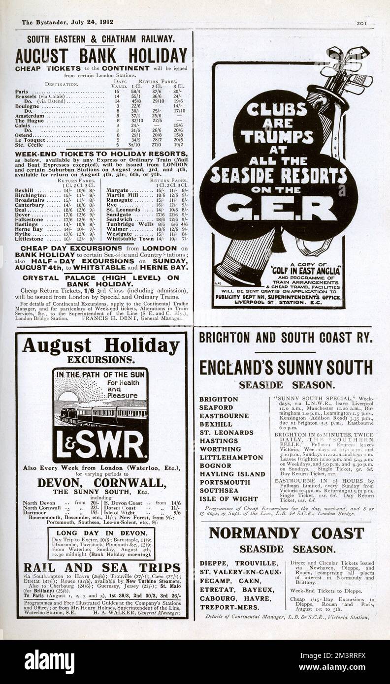 Page from The Bystander with adverts for South Eastern and Chatham Railway August bank holiday rail travel; August Holiday Excursions with L.S.W.R.; the seaside resorts of East Anglia served by the G.E.R.; and Brighton and South Coast Railway.     Date: 1912 Stock Photo