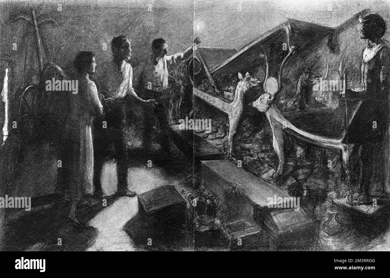 The first glimpse of the great Egyptian treasure: a drawing from material supplied by Lord Carnarvon. Lord Carnarvon, Lady Evelyn Herbert and Mr Howard Carter are seen making their first inspection of the outer chamber of Tutanhamun's tomb.     Date: 1923 Stock Photo