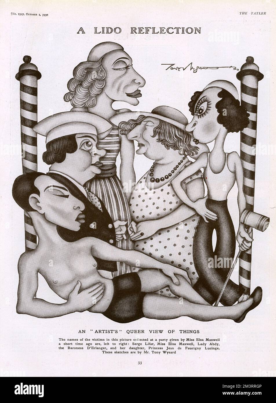 A gathering of society at the Venice Lido, at a party given by Elsa Maxwell.  Left to right are:  Serge Lifar, Miss Elsa Maxwell, Lady Abdy, the Baroness d'Erlanger and her daughter, Princess Jean de Faucigny Lucinge.  Caricature by Tony Wysard.     Date: 1930 Stock Photo