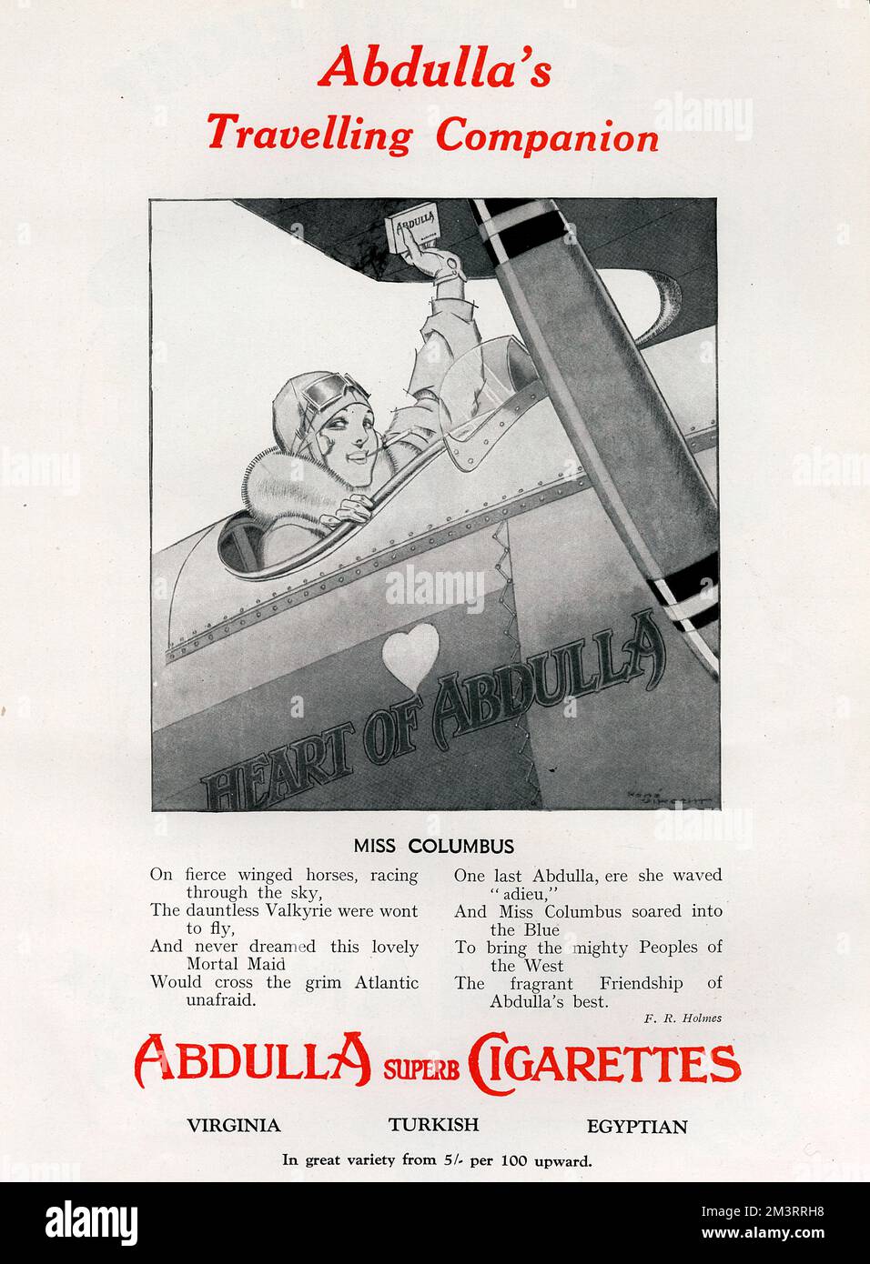 Advertisement for Abdulla cigarettes featuring a female aviator, ready for take off, armed with a packet of her favourite brand.       Date: 1929 Stock Photo