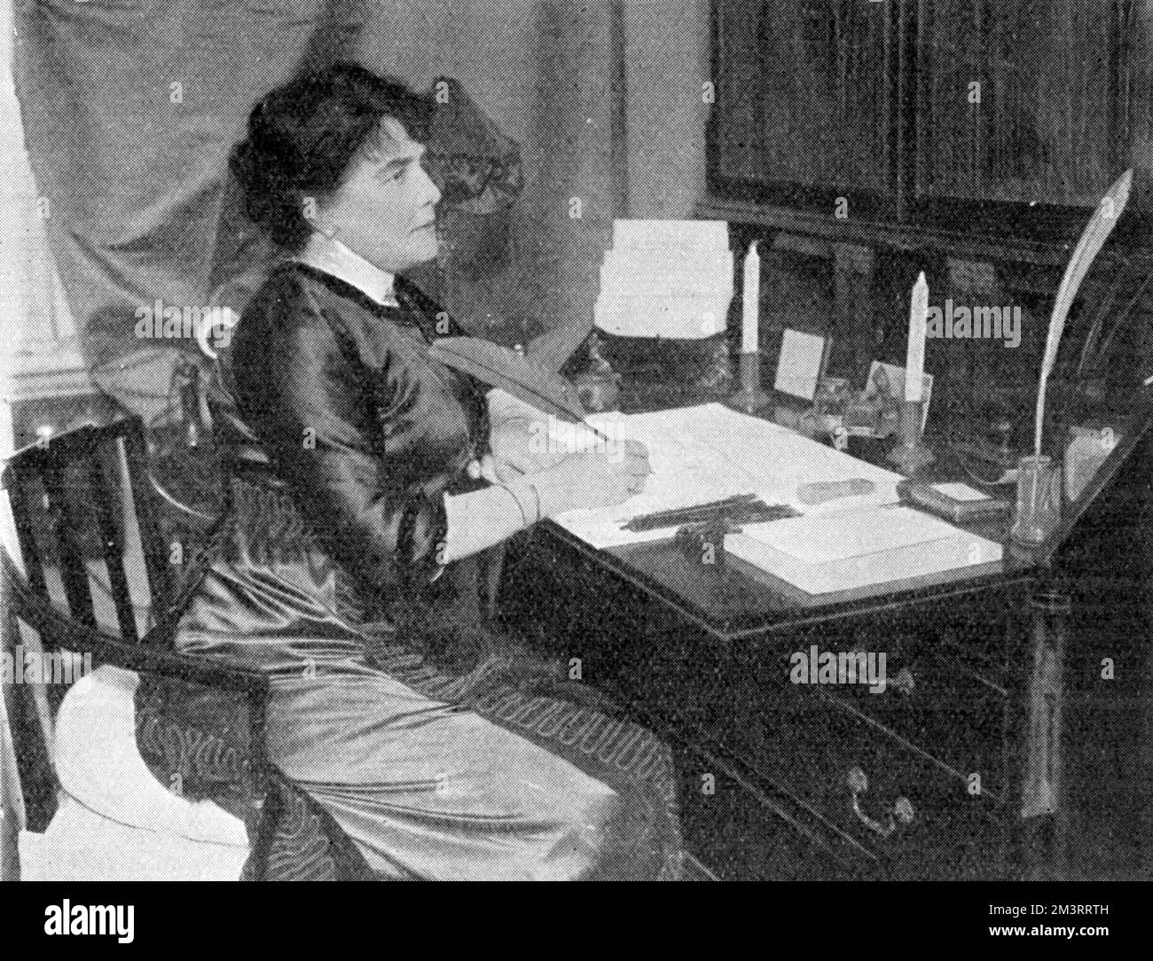 Mrs George Cornwallis-West, formerly Miss Jennie Jerome and Lady Randolph Churchill, mother of Winston Churchill, pictured at work as the promoter and organiser of 'Shakespeare's England' an exhibition-pageant at Earl's Court exhibition in the summer of 1912.       Date: 1912 Stock Photo