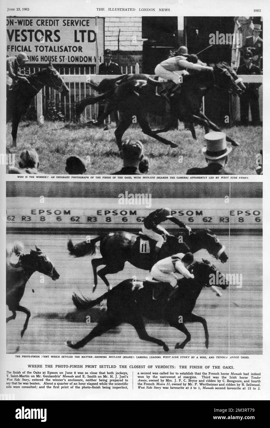 A page from The Illustrated London News showing a diagram by unknown photographers, comparing a single-exposure race finish to a photo finish. The race pictured is the finish of the Oaks at Epsom on 8th June 1962, in which the French horse Monade beat West Side Story by the narrowest of margins(hotly followed by Irish horse Tender Annie). The context victory was settled using a photo finish print of the event, the lower image on this page.     Date: 1962 Stock Photo