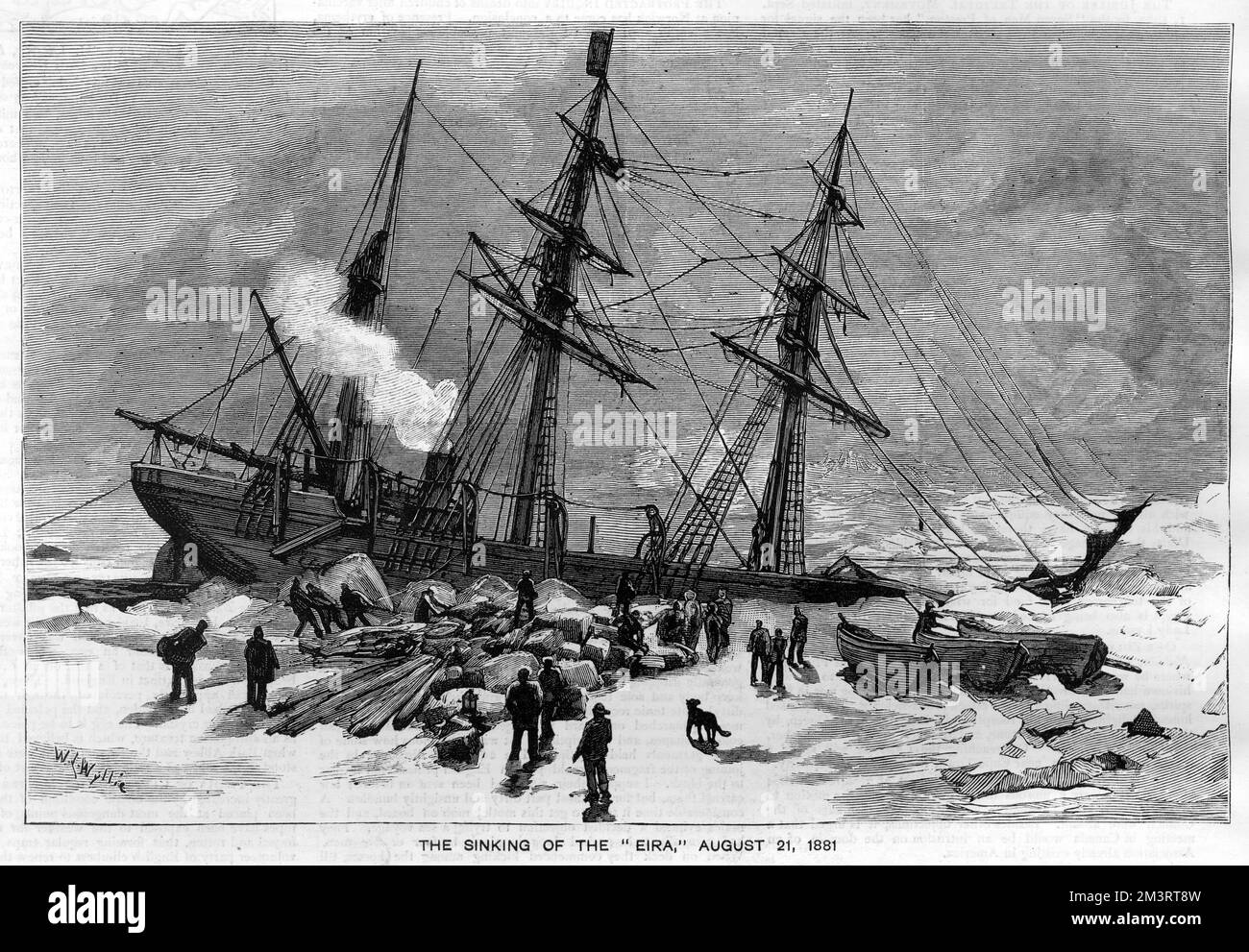 Engraving by W.L. Wyllie, featuring Benjamin Leigh Smith's fifth Arctic voyage 1881-82. Between 1871 and 1882, Leigh Smith undertook five major scientific expeditions to Svalbard and Franz Josef Land. In 1881, he and his crew survived for 10 months in Russian Franz Josef Land after their ship was crushed in the ice at Cape Flora, Northbrook Island. This plate shows the sinking on the 'Eira' on 21st August 1881.     Date: 1882 Stock Photo
