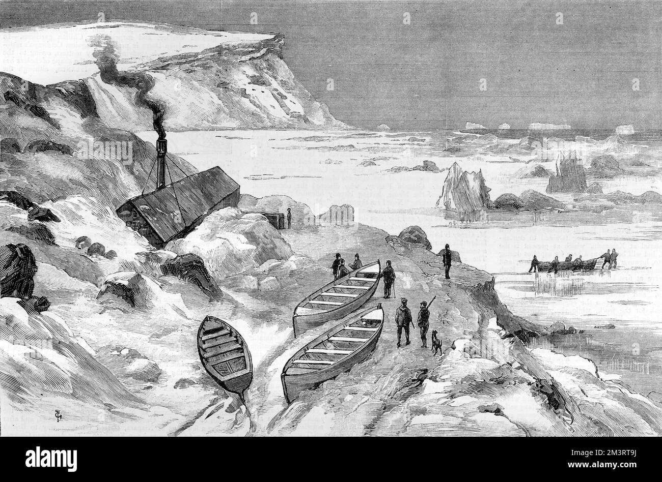 Engraving by W.L. Wyllie, featuring Benjamin Leigh Smith's fifth Arctic voyage 1881-82. Between 1871 and 1882, Leigh Smith undertook five major scientific expeditions to Svalbard and Franz Josef Land. In 1881, he and his crew survived for 10 months in Russian Franz Josef Land after their ship was crushed in the ice at Cape Flora, Northbrook Island. This plate shows The Explorer's Encampment.  1882 Stock Photo